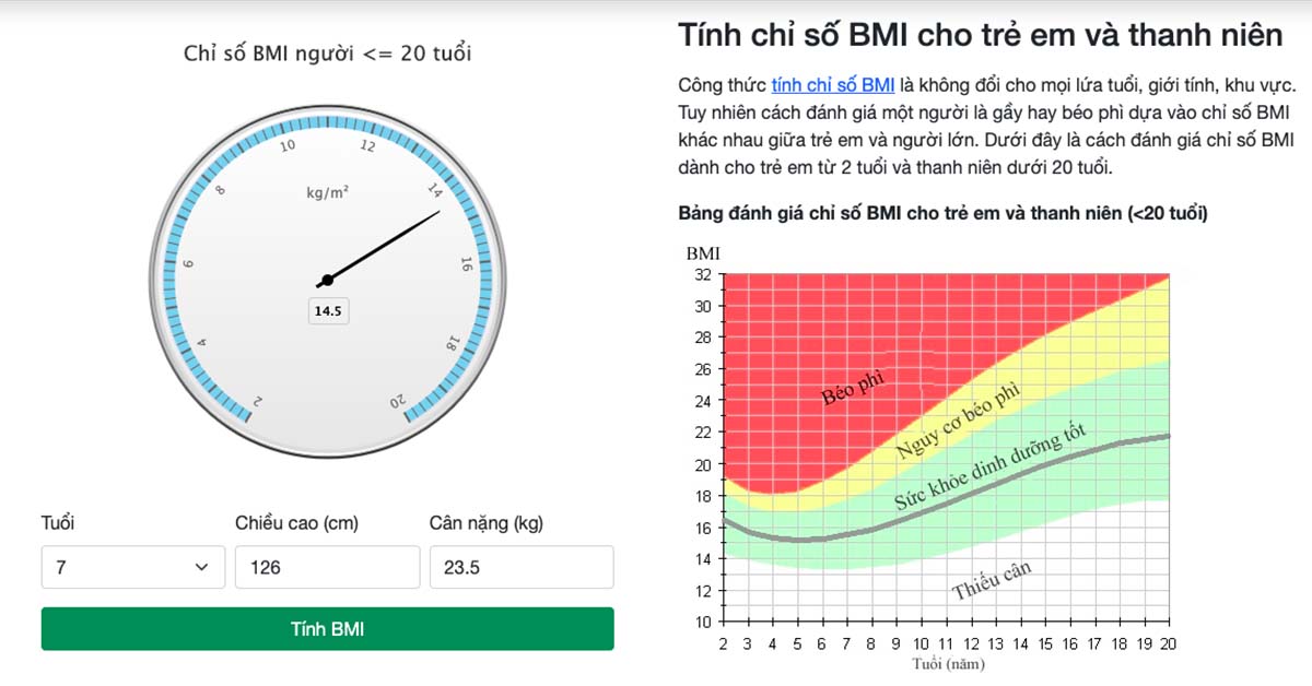 Tính chỉ số BMI cho trẻ em và thanh niên <=20 tuổi