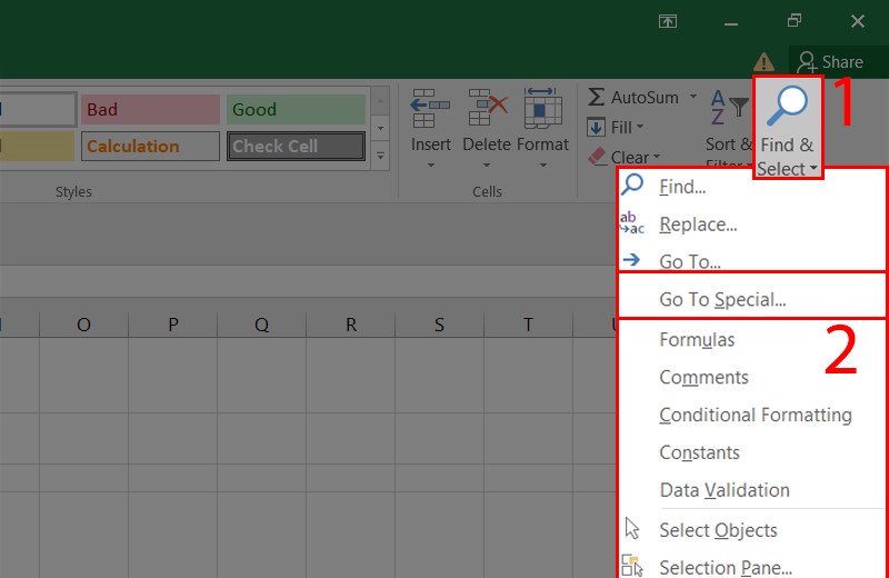 Vào tab Home → chọn Find & Select