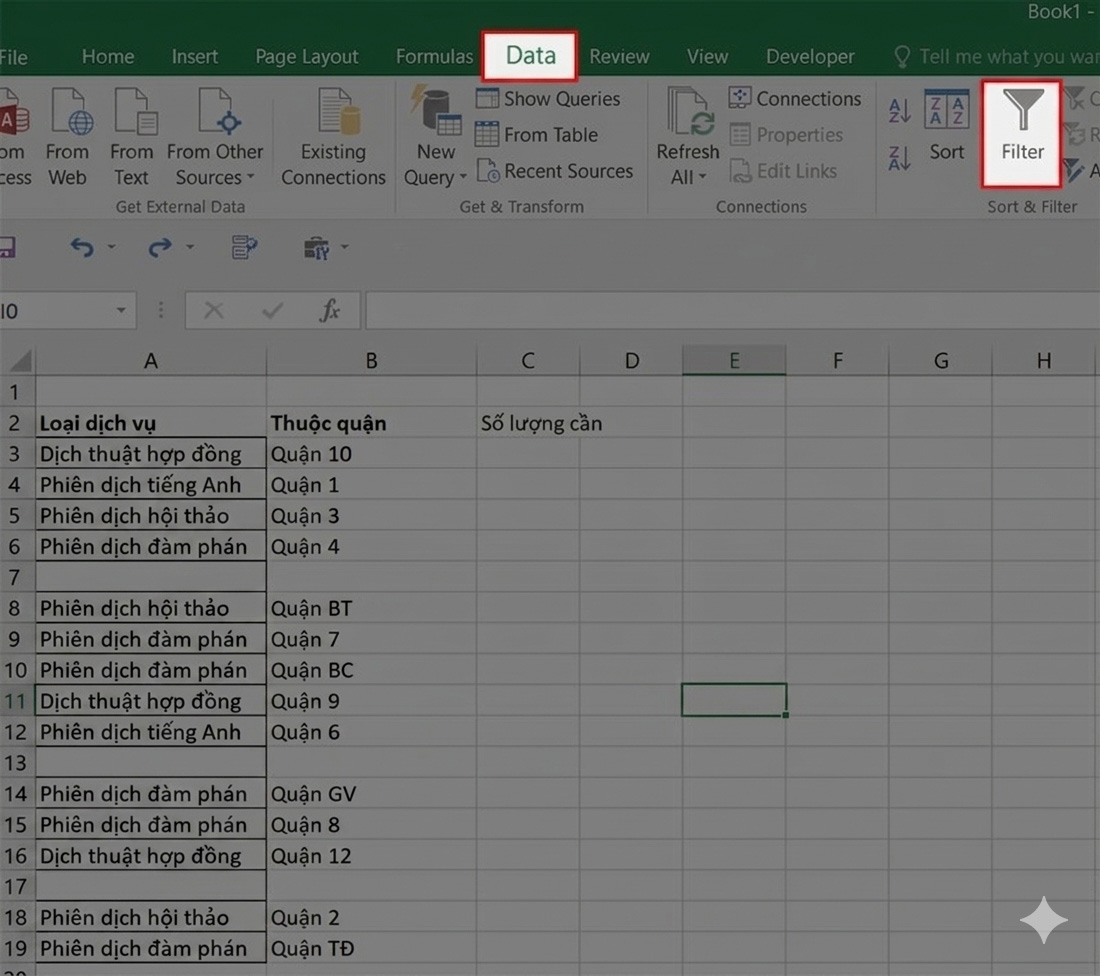 Chọn vùng dữ liệu → vào tab Data