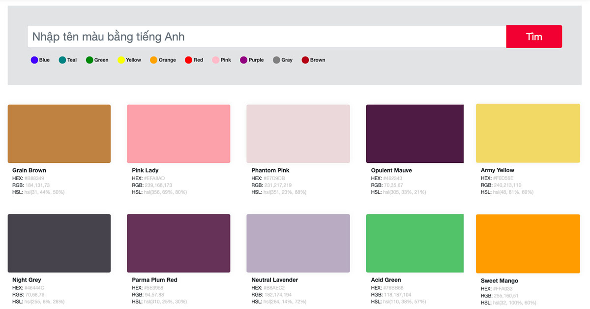 Bảng mã màu CSS, bảng mã màu đẹp cho thiết kế web 2023