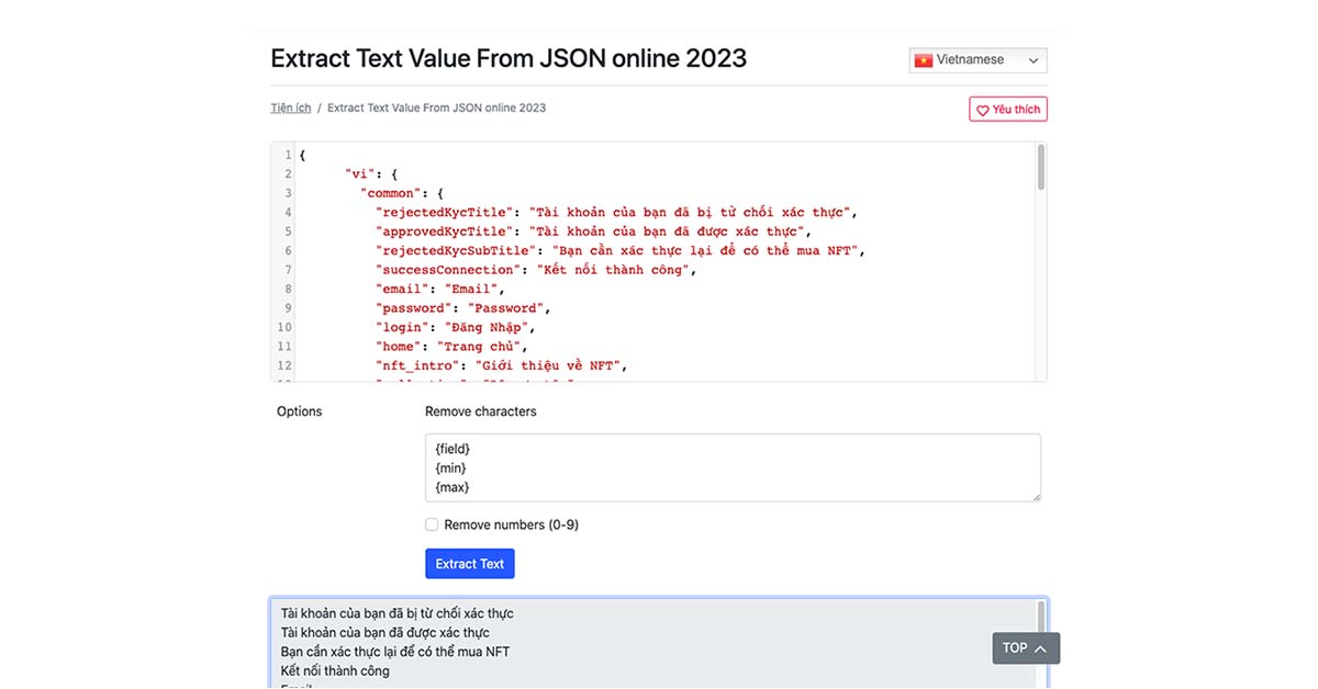 Extract text value from JSON online